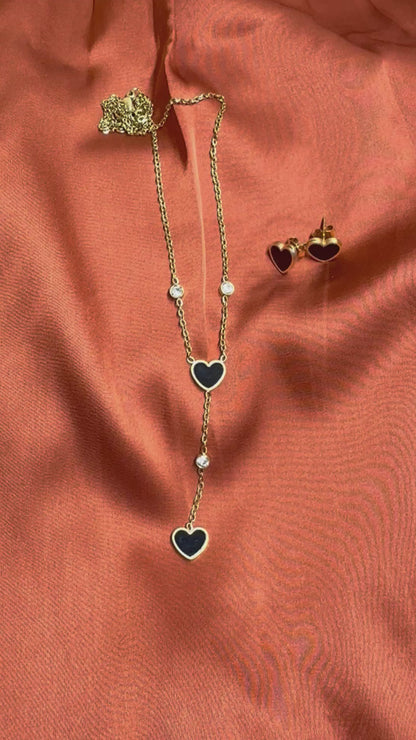 18K Gold Plated Stainless Steel Heart Lariat Necklace & Stud Earrings, Black Jewelry Set