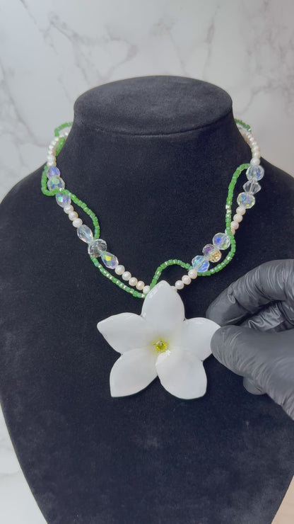 Sweet White Clear Plumeria Flowers Crystal Necklace | Handmade Floral Jewelry