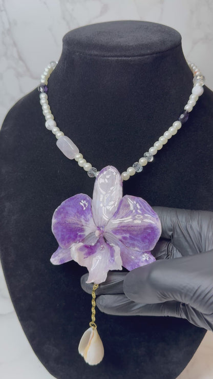 Mila  Purple & White Real Orchid Necklace | Handmade Flower Jewelry | Botanical Statement Pendant